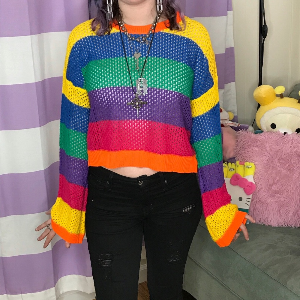 Derek Heart Rainbow Mesh Striped Sweater Crop